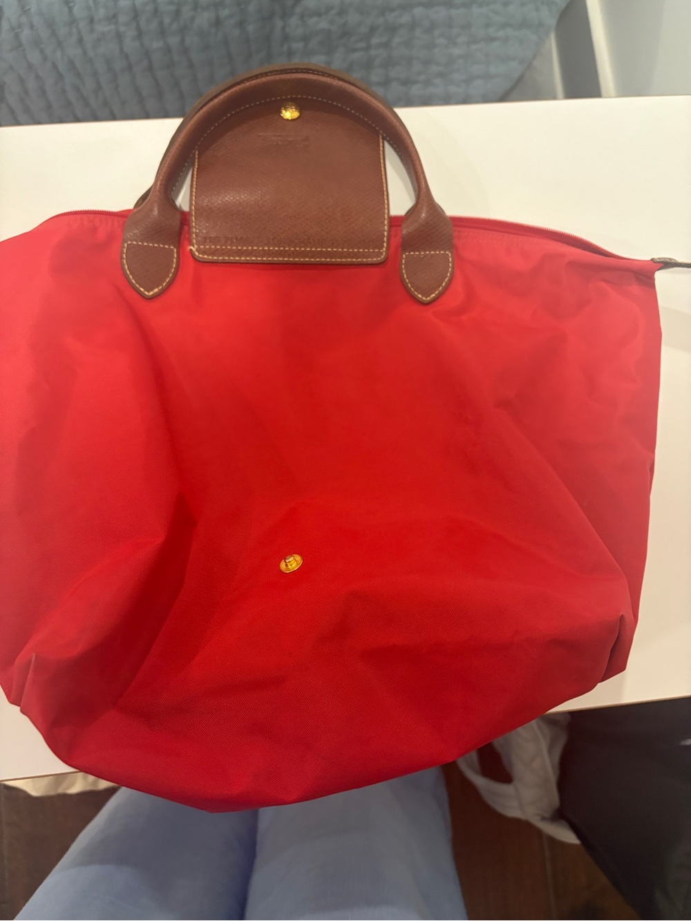Longchamp Le Pliage Red Nylon Tote Bag with Brown Leather Trim Handle - Picture 4 of 13